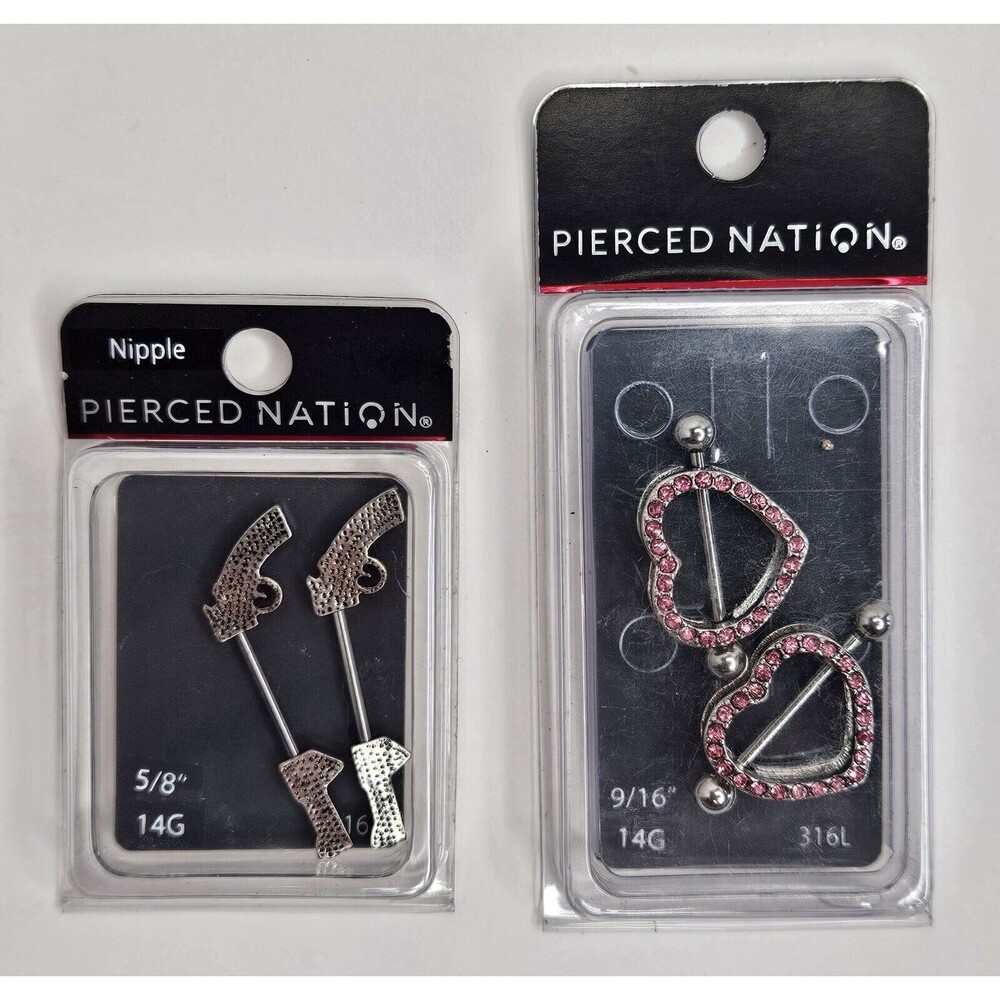 Spencer's Pierced Nation 14G Nipple Rings Gun, Heart Lot Of 2